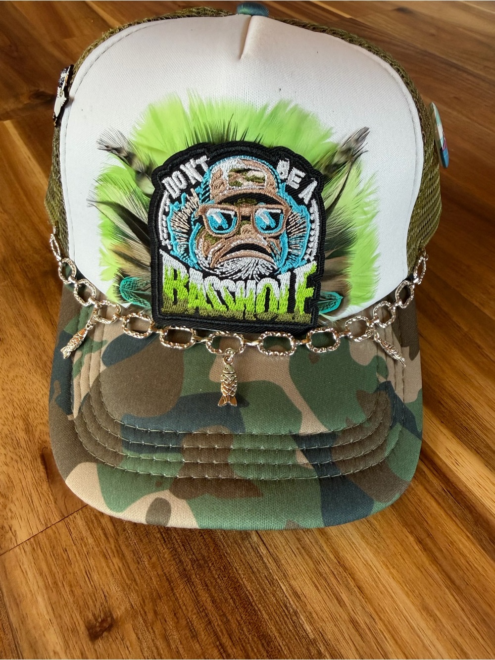 Camouflage Trucker Cap with Neon Green Patch and Chain Accents